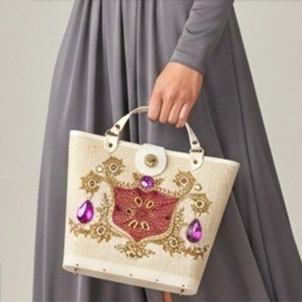Vintage Boho Beaded Jeweled Tote Bag Canvas Embroidered Rhinestone Purse